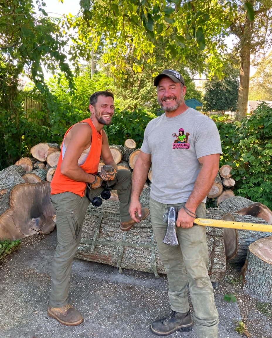 Tony, owner of Vegetation Management, with a crew member in front of a pile of cut logs
